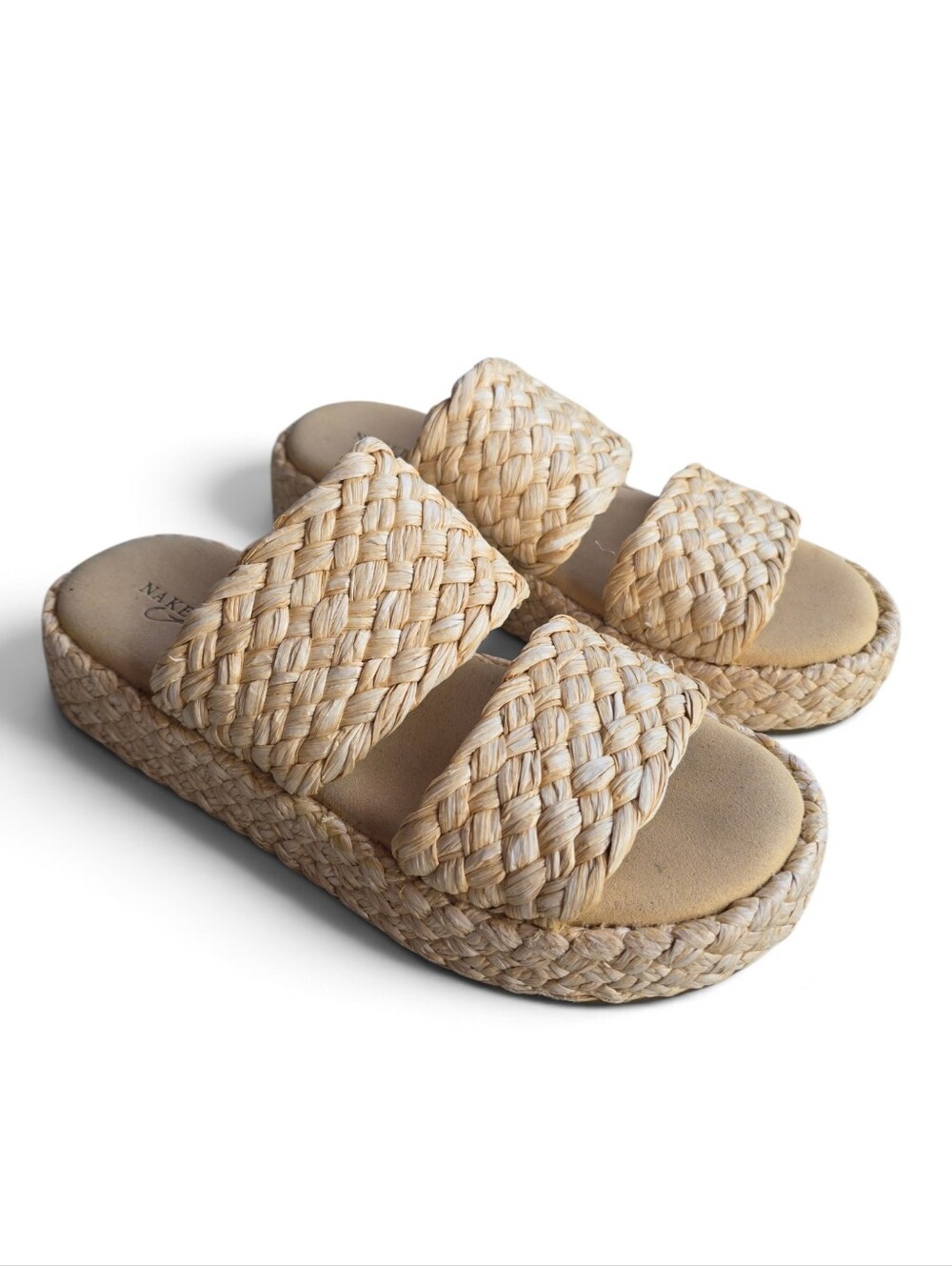 NAKED FEET Santorini in Raffia Espadrille Platform Sandals Slides Tan Size 9